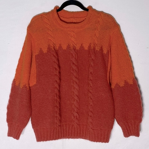 Handmade Orange Pink Chunky Knit Crew Neck Sweater M - Picture 10 of 10